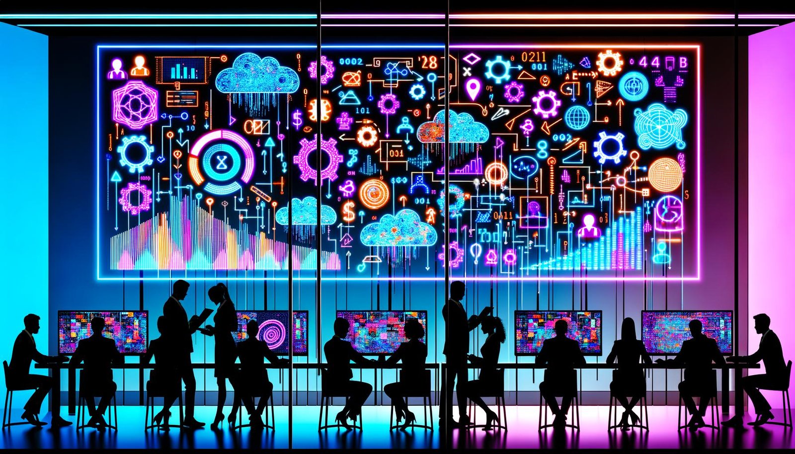 Magazin-Cover mit moderner Büroumgebung, Professionals analysieren interaktive Daten-Dashboards, umgeben von algorithmischen Netzwerken und Marketing-Icons bei Nacht.