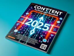 Magazin-Cover mit Headline 'Content texten 2025: Framework statt Floskeln', digitalen Marketing-Symbolen, Datenströmen und modernen Farbakzenten.