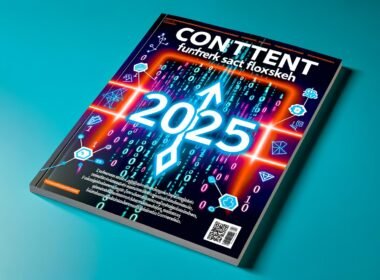Magazin-Cover mit Headline 'Content texten 2025: Framework statt Floskeln', digitalen Marketing-Symbolen, Datenströmen und modernen Farbakzenten.