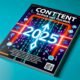 Magazin-Cover mit Headline 'Content texten 2025: Framework statt Floskeln', digitalen Marketing-Symbolen, Datenströmen und modernen Farbakzenten.