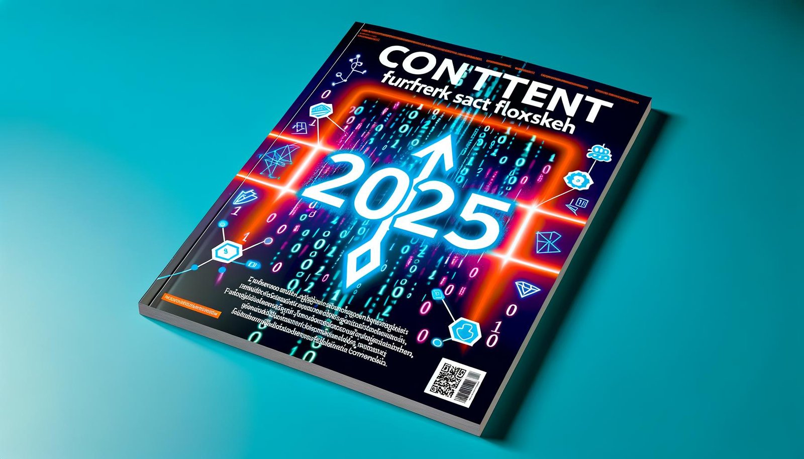 Magazin-Cover mit Headline 'Content texten 2025: Framework statt Floskeln', digitalen Marketing-Symbolen, Datenströmen und modernen Farbakzenten.