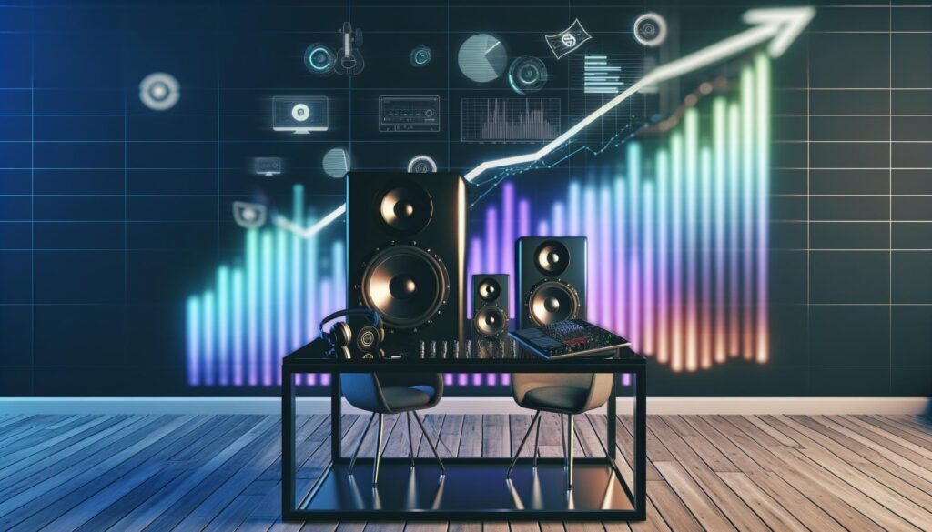 Modernes Podcasting-Workspace mit Sonos Lautsprecher, Podcast-Equipment, Kopfhörern und digitalen Umsatzdiagrammen im Hintergrund