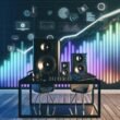 Modernes Podcasting-Workspace mit Sonos Lautsprecher, Podcast-Equipment, Kopfhörern und digitalen Umsatzdiagrammen im Hintergrund