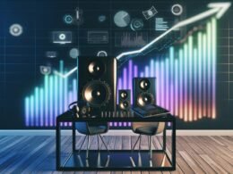 Modernes Podcasting-Workspace mit Sonos Lautsprecher, Podcast-Equipment, Kopfhörern und digitalen Umsatzdiagrammen im Hintergrund