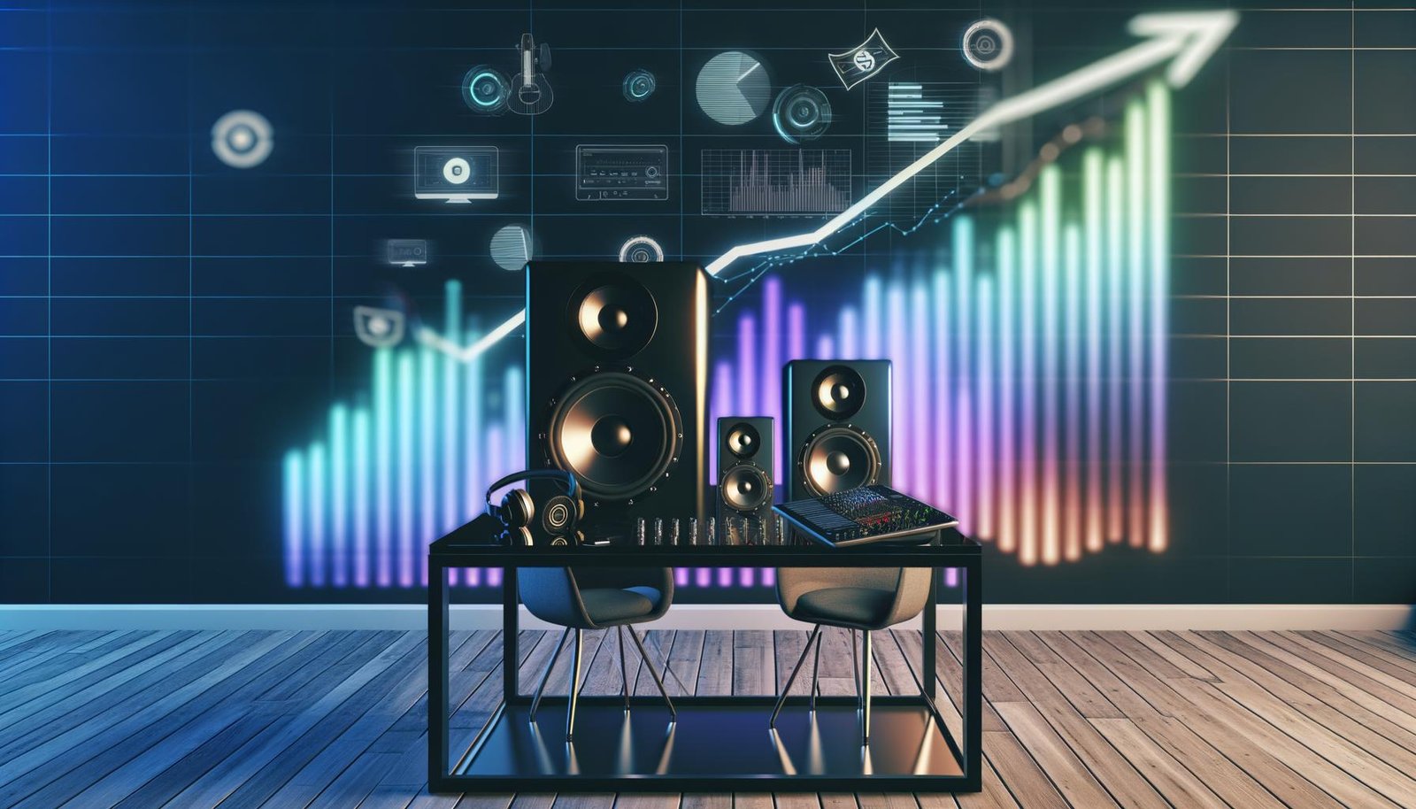 Modernes Podcasting-Workspace mit Sonos Lautsprecher, Podcast-Equipment, Kopfhörern und digitalen Umsatzdiagrammen im Hintergrund