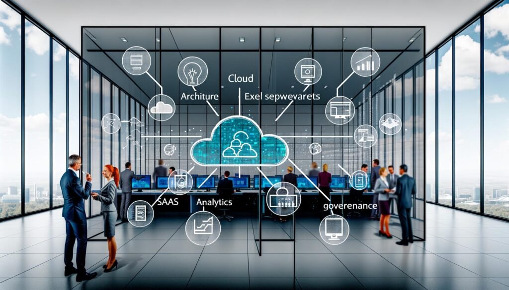 Modernes Büro mit digitaler Wandtafel, Mitarbeitenden aus verschiedenen Abteilungen und Datenquellen wie Cloud, Excel, SaaS und IoT, die in eine zentrale Datenplattform integriert werden.