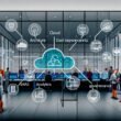 Modernes Büro mit digitaler Wandtafel, Mitarbeitenden aus verschiedenen Abteilungen und Datenquellen wie Cloud, Excel, SaaS und IoT, die in eine zentrale Datenplattform integriert werden.