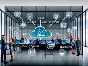 Modernes Büro mit digitaler Wandtafel, Mitarbeitenden aus verschiedenen Abteilungen und Datenquellen wie Cloud, Excel, SaaS und IoT, die in eine zentrale Datenplattform integriert werden.