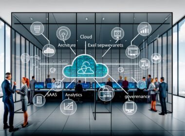 Modernes Büro mit digitaler Wandtafel, Mitarbeitenden aus verschiedenen Abteilungen und Datenquellen wie Cloud, Excel, SaaS und IoT, die in eine zentrale Datenplattform integriert werden.