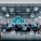 Modernes Büro mit digitaler Wandtafel, Mitarbeitenden aus verschiedenen Abteilungen und Datenquellen wie Cloud, Excel, SaaS und IoT, die in eine zentrale Datenplattform integriert werden.