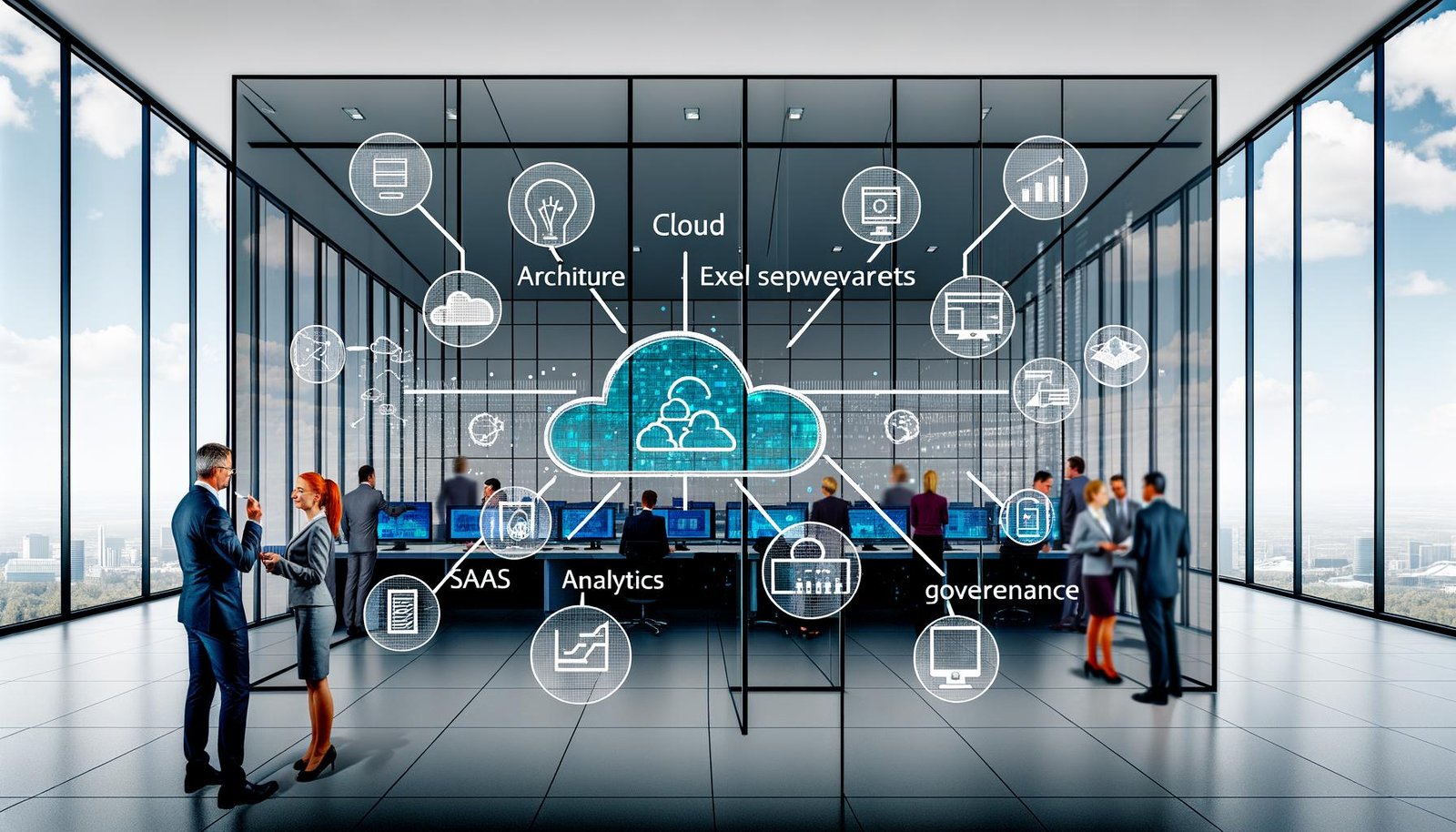 Modernes Büro mit digitaler Wandtafel, Mitarbeitenden aus verschiedenen Abteilungen und Datenquellen wie Cloud, Excel, SaaS und IoT, die in eine zentrale Datenplattform integriert werden.