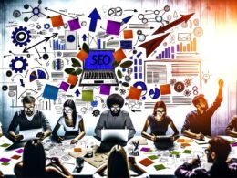 Kreative Teammitglieder brainstormen an einem überfüllten Whiteboard mit bunten Notizen, Skizzen, digitalen Analyse-Tools und Datencharts – moderner Content- und SEO-Workflow.