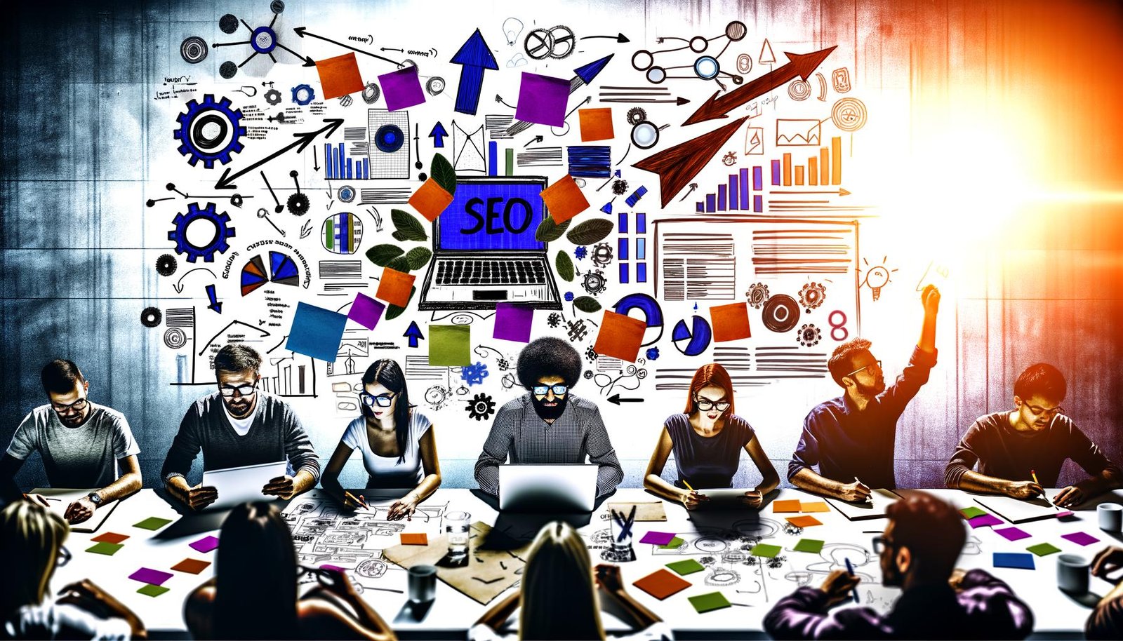 Kreative Teammitglieder brainstormen an einem überfüllten Whiteboard mit bunten Notizen, Skizzen, digitalen Analyse-Tools und Datencharts – moderner Content- und SEO-Workflow.