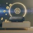 Futuristisches Wohnzimmer mit Sonos-Lautsprecher auf Sideboard, umgeben von schwebenden Podcast-Symbolen, Münzen und digitalen Audiowellen im technisch-eleganten Stil.