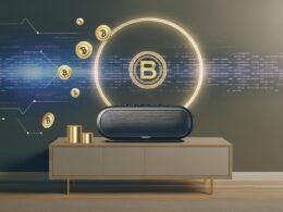 Futuristisches Wohnzimmer mit Sonos-Lautsprecher auf Sideboard, umgeben von schwebenden Podcast-Symbolen, Münzen und digitalen Audiowellen im technisch-eleganten Stil.