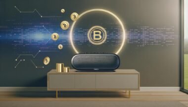 Futuristisches Wohnzimmer mit Sonos-Lautsprecher auf Sideboard, umgeben von schwebenden Podcast-Symbolen, Münzen und digitalen Audiowellen im technisch-eleganten Stil.