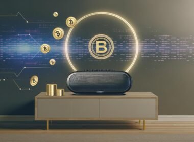Futuristisches Wohnzimmer mit Sonos-Lautsprecher auf Sideboard, umgeben von schwebenden Podcast-Symbolen, Münzen und digitalen Audiowellen im technisch-eleganten Stil.