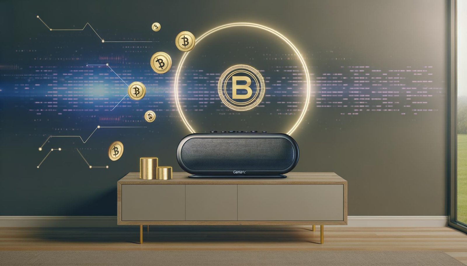 Futuristisches Wohnzimmer mit Sonos-Lautsprecher auf Sideboard, umgeben von schwebenden Podcast-Symbolen, Münzen und digitalen Audiowellen im technisch-eleganten Stil.