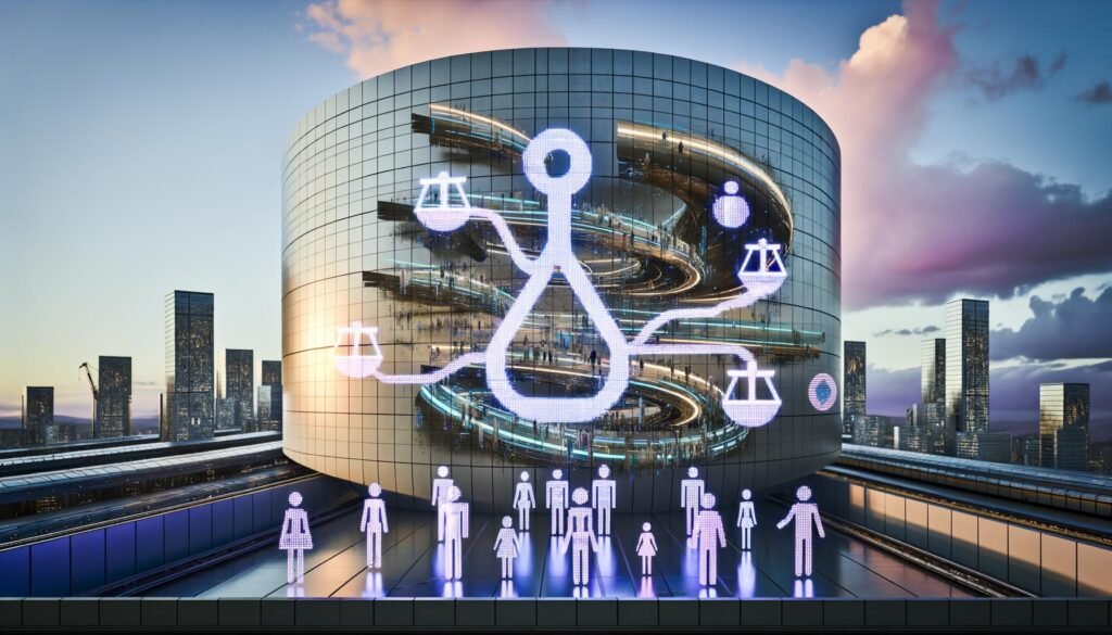 Futuristische Stadt bei Sonnenuntergang mit leuchtenden Datenströmen, holografischen KI-Interfaces, vielfältigen Menschen und integrierten Rechts- und Ethikmotiven.