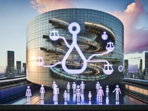 Futuristische Stadt bei Sonnenuntergang mit leuchtenden Datenströmen, holografischen KI-Interfaces, vielfältigen Menschen und integrierten Rechts- und Ethikmotiven.