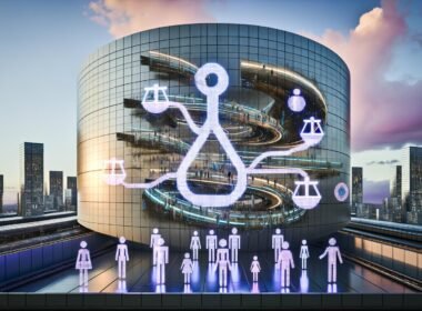 Futuristische Stadt bei Sonnenuntergang mit leuchtenden Datenströmen, holografischen KI-Interfaces, vielfältigen Menschen und integrierten Rechts- und Ethikmotiven.