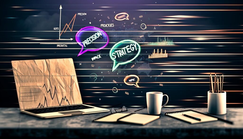 Modernes, kreatives Schreibtisch-Setup mit Laptop, Datenmonitoren, Kaffee, Notizblöcken und leuchtend neonfarbenen Wörtern wie Präzision, Strategie und Impact im urban-digitalen High-Tech-Look.
