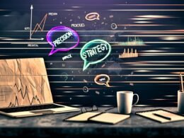 Modernes, kreatives Schreibtisch-Setup mit Laptop, Datenmonitoren, Kaffee, Notizblöcken und leuchtend neonfarbenen Wörtern wie Präzision, Strategie und Impact im urban-digitalen High-Tech-Look.