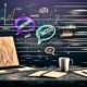 Modernes, kreatives Schreibtisch-Setup mit Laptop, Datenmonitoren, Kaffee, Notizblöcken und leuchtend neonfarbenen Wörtern wie Präzision, Strategie und Impact im urban-digitalen High-Tech-Look.