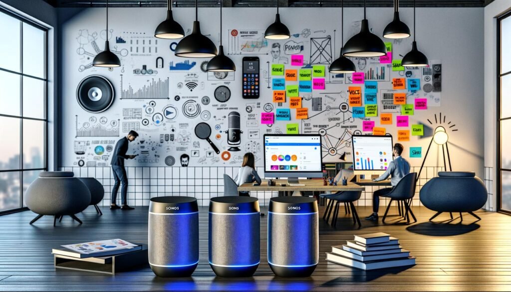 Moderner Loft-Workspace 2025 mit Kreativen, LED-Monitoren, Magnettafel mit SEO-Notizen und vernetzten Sonos Smart Speakern im Vordergrund