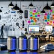 Moderner Loft-Workspace 2025 mit Kreativen, LED-Monitoren, Magnettafel mit SEO-Notizen und vernetzten Sonos Smart Speakern im Vordergrund