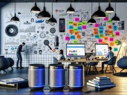 Moderner Loft-Workspace 2025 mit Kreativen, LED-Monitoren, Magnettafel mit SEO-Notizen und vernetzten Sonos Smart Speakern im Vordergrund