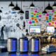 Moderner Loft-Workspace 2025 mit Kreativen, LED-Monitoren, Magnettafel mit SEO-Notizen und vernetzten Sonos Smart Speakern im Vordergrund