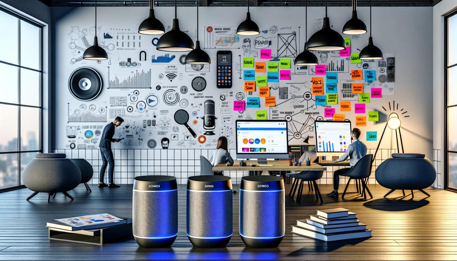 Moderner Loft-Workspace 2025 mit Kreativen, LED-Monitoren, Magnettafel mit SEO-Notizen und vernetzten Sonos Smart Speakern im Vordergrund