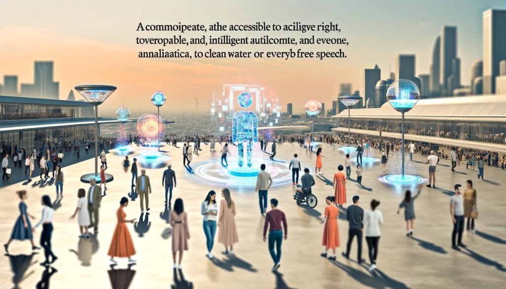 Futuristische Stadt mit Menschen aller Altersgruppen und Hintergründe, die selbstverständlich mit KI-Technologien wie Hologrammen und digitalen Assistenten interagieren.
