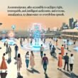Futuristische Stadt mit Menschen aller Altersgruppen und Hintergründe, die selbstverständlich mit KI-Technologien wie Hologrammen und digitalen Assistenten interagieren.