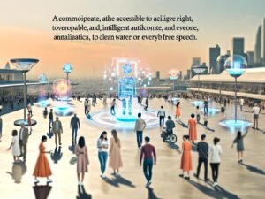 Futuristische Stadt mit Menschen aller Altersgruppen und Hintergründe, die selbstverständlich mit KI-Technologien wie Hologrammen und digitalen Assistenten interagieren.