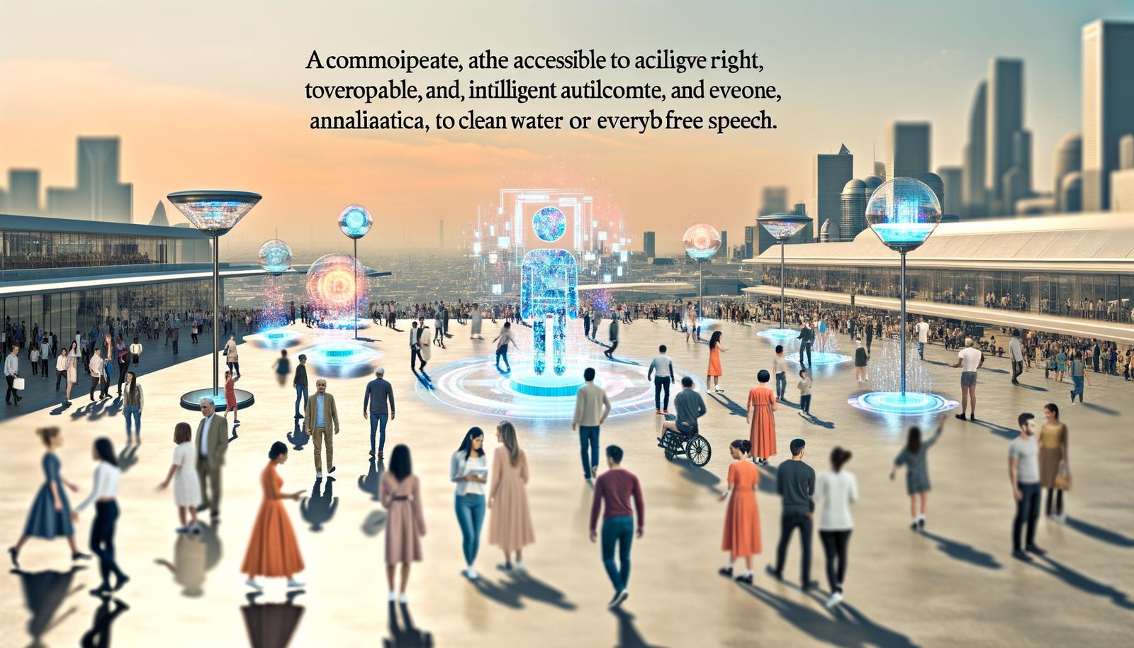 Futuristische Stadt mit Menschen aller Altersgruppen und Hintergründe, die selbstverständlich mit KI-Technologien wie Hologrammen und digitalen Assistenten interagieren.