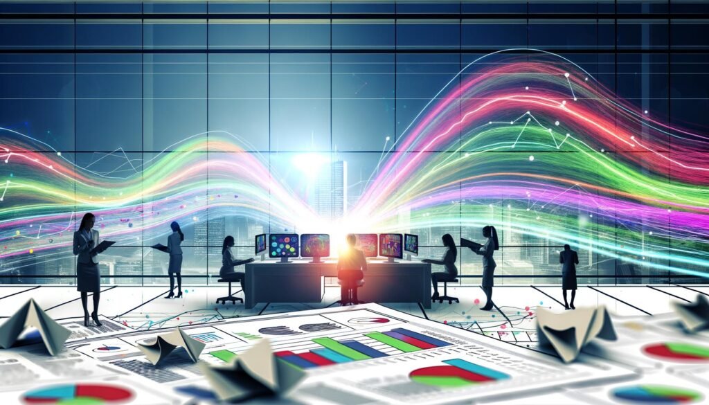 Moderne Datenvisualisierung: Bunte Datenlinien von CRM, E-Commerce, Social Media und IoT fließen über einen digitalen Schreibtisch, während Personen vor Dashboards stehen und zerknüllte Excel-Tabellen am Boden liegen.
