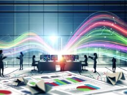 Moderne Datenvisualisierung: Bunte Datenlinien von CRM, E-Commerce, Social Media und IoT fließen über einen digitalen Schreibtisch, während Personen vor Dashboards stehen und zerknüllte Excel-Tabellen am Boden liegen.