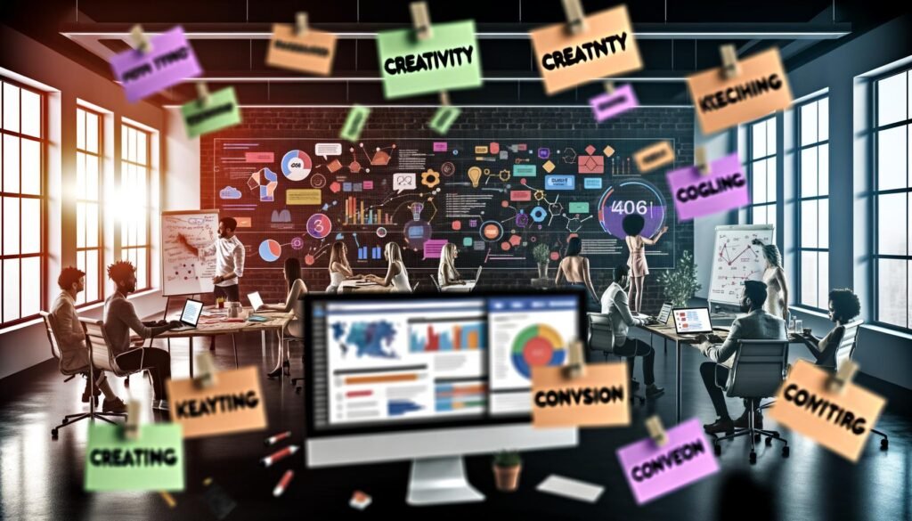 Dynamische Szene in einem modernen Büro, in dem ein motiviertes Team aus Marketern und Textern an Laptops, Whiteboards und digitalen Dashboards mit Marketing-Analysen und kreativen Konzepten arbeitet.