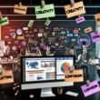 Dynamische Szene in einem modernen Büro, in dem ein motiviertes Team aus Marketern und Textern an Laptops, Whiteboards und digitalen Dashboards mit Marketing-Analysen und kreativen Konzepten arbeitet.