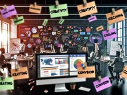 Dynamische Szene in einem modernen Büro, in dem ein motiviertes Team aus Marketern und Textern an Laptops, Whiteboards und digitalen Dashboards mit Marketing-Analysen und kreativen Konzepten arbeitet.