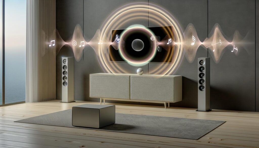 Minimalistischer Wohnraum mit Sonos Lautsprechern, visuellen Schallwellen und einem leuchtenden Markenlogo als Hologramm in der Raummitte.