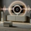 Minimalistischer Wohnraum mit Sonos Lautsprechern, visuellen Schallwellen und einem leuchtenden Markenlogo als Hologramm in der Raummitte.