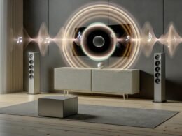 Minimalistischer Wohnraum mit Sonos Lautsprechern, visuellen Schallwellen und einem leuchtenden Markenlogo als Hologramm in der Raummitte.