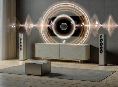 Minimalistischer Wohnraum mit Sonos Lautsprechern, visuellen Schallwellen und einem leuchtenden Markenlogo als Hologramm in der Raummitte.