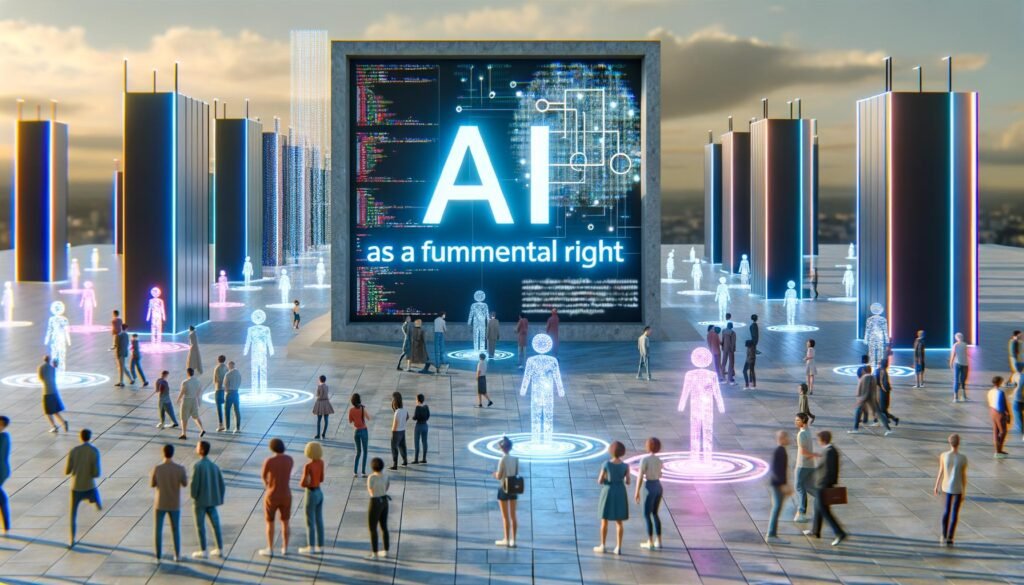 Futuristische, urbane Szene mit vielfältigen Menschen, die durch Hologramme mit KI-Schnittstellen interagieren. Im Hintergrund betont der Schriftzug ‚KI als Grundrecht‘ die Bedeutung künstlicher Intelligenz als fundamentales Recht.