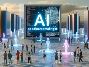 Futuristische, urbane Szene mit vielfältigen Menschen, die durch Hologramme mit KI-Schnittstellen interagieren. Im Hintergrund betont der Schriftzug ‚KI als Grundrecht‘ die Bedeutung künstlicher Intelligenz als fundamentales Recht.