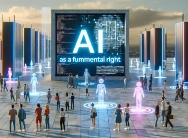 Futuristische, urbane Szene mit vielfältigen Menschen, die durch Hologramme mit KI-Schnittstellen interagieren. Im Hintergrund betont der Schriftzug ‚KI als Grundrecht‘ die Bedeutung künstlicher Intelligenz als fundamentales Recht.