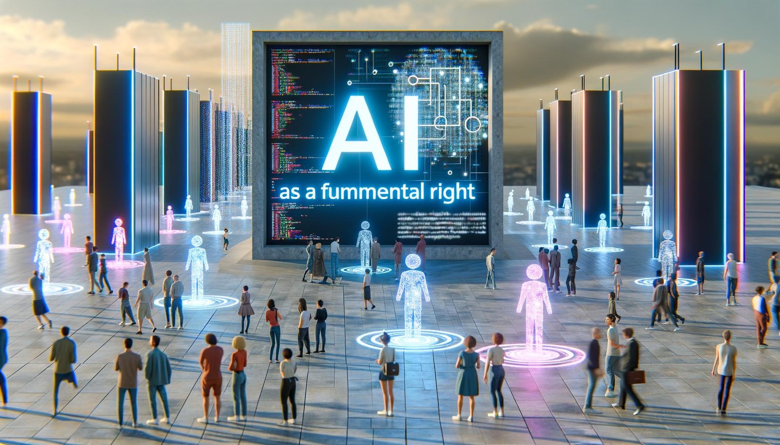 Futuristische, urbane Szene mit vielfältigen Menschen, die durch Hologramme mit KI-Schnittstellen interagieren. Im Hintergrund betont der Schriftzug ‚KI als Grundrecht‘ die Bedeutung künstlicher Intelligenz als fundamentales Recht.